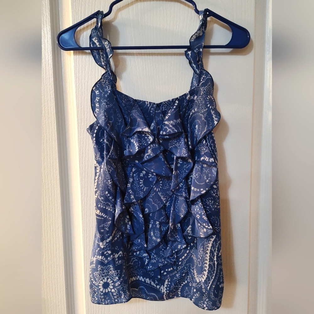 Banana Republic Top XS Blue Paisley 100% Silk Ruffled Tiers Sleeveless
